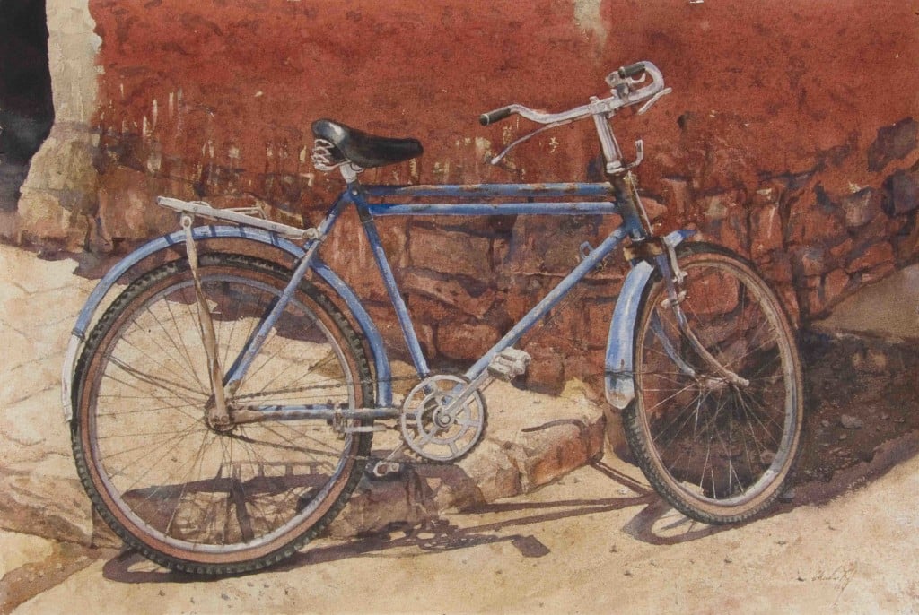 Christian Flores Saavedra, bici blu, acquerello