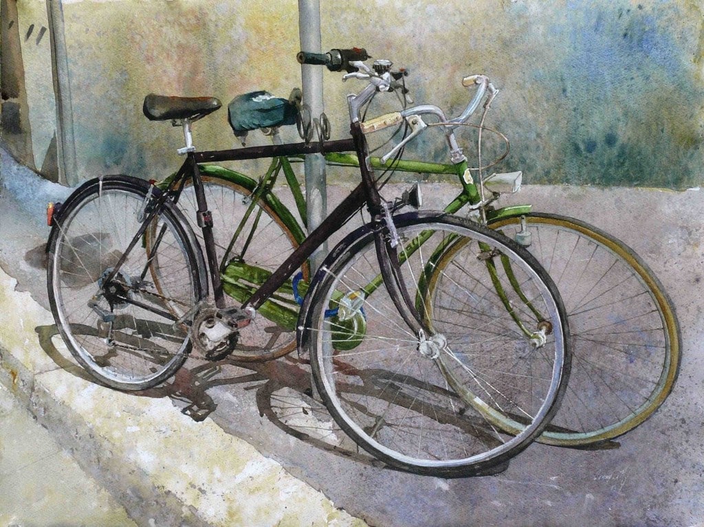 Christian Flores Saavedra due bici acquerello 45 X 61