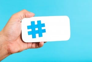 Mobile hashtag horizontal concept on blue background